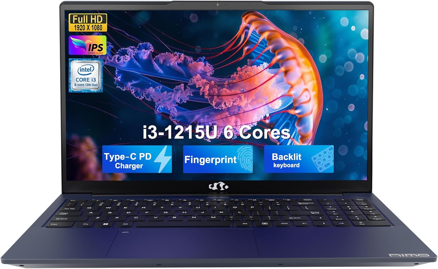 NIMO 15.6' FHD IPS Student-Laptop-Computer - Intel Core i3-1215U(Beat i5-1135G7, 6 Cores Up to 4.4GHz), 8GB RAM 256GB SSD, 65W Type-C, 2 Years Warranty, Fingerprint, Backlit Keyboard, Wi-Fi 6, BT5.2
