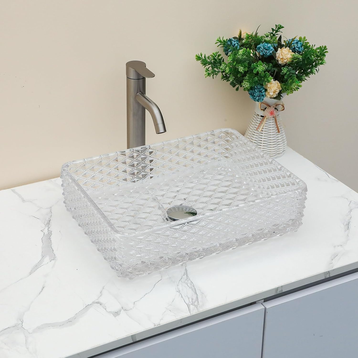 Sarlai Bathroom Vessel Sink Tempered Glass Bowl Vessel Sink with Pop-up Drain Combo 17-1/2x13 Inch Diamond Rectangular Countertop Bathroom Sink Basin