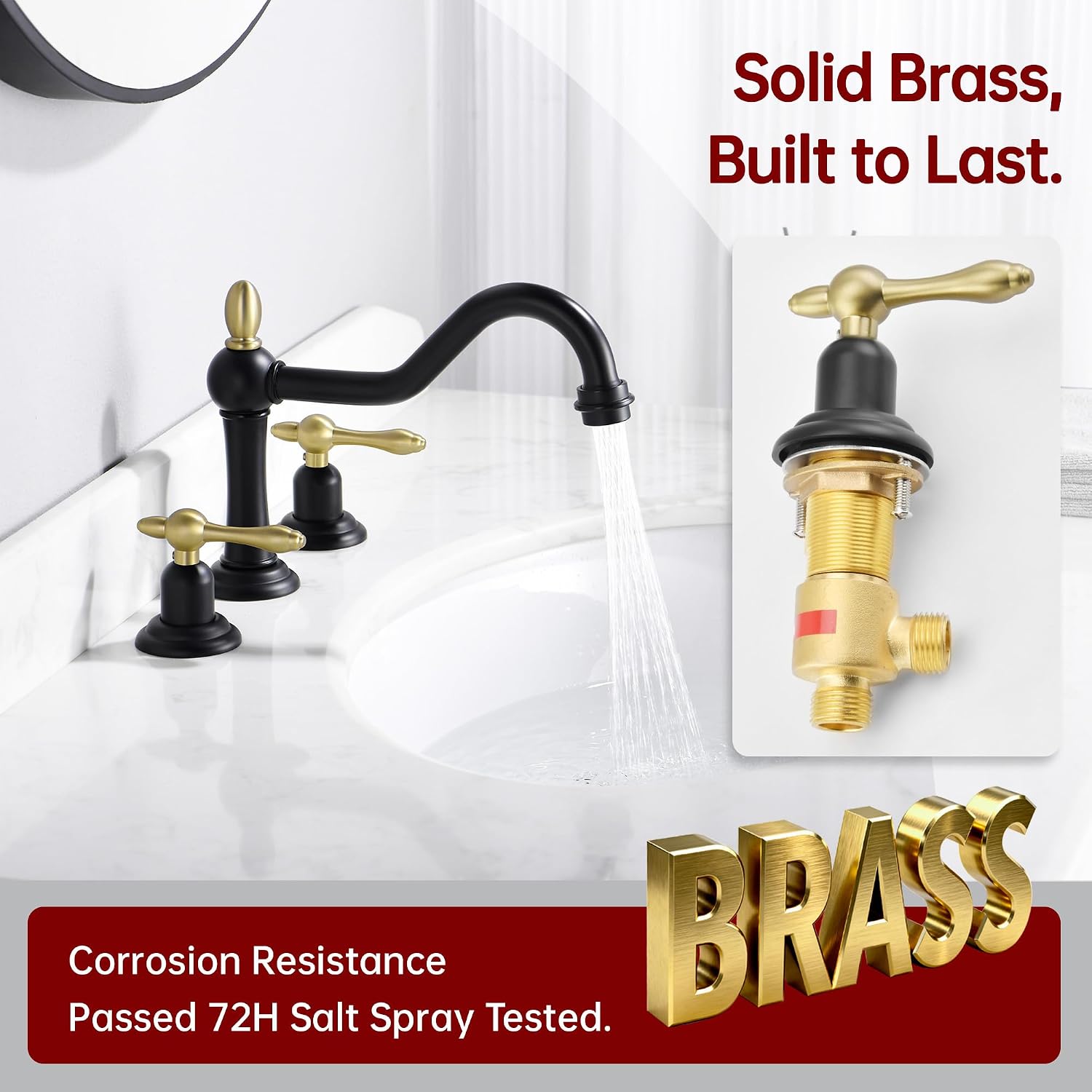 sumerain 8 inch Widespread Bathroom Faucet, 2 Handles Vintage Style Lavatory Faucet for Sink 3 Hole, Black and Gold