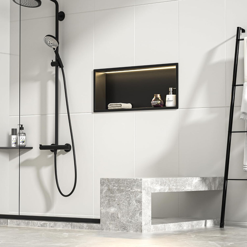 Stainless Steel Led Shower Niche Black 24' X 12' No Tile Needed | Recessed shower niche,IP66 waterproof,Led driver included,horizontal niche,non-dimmable,3000K warm light,bathroom storage