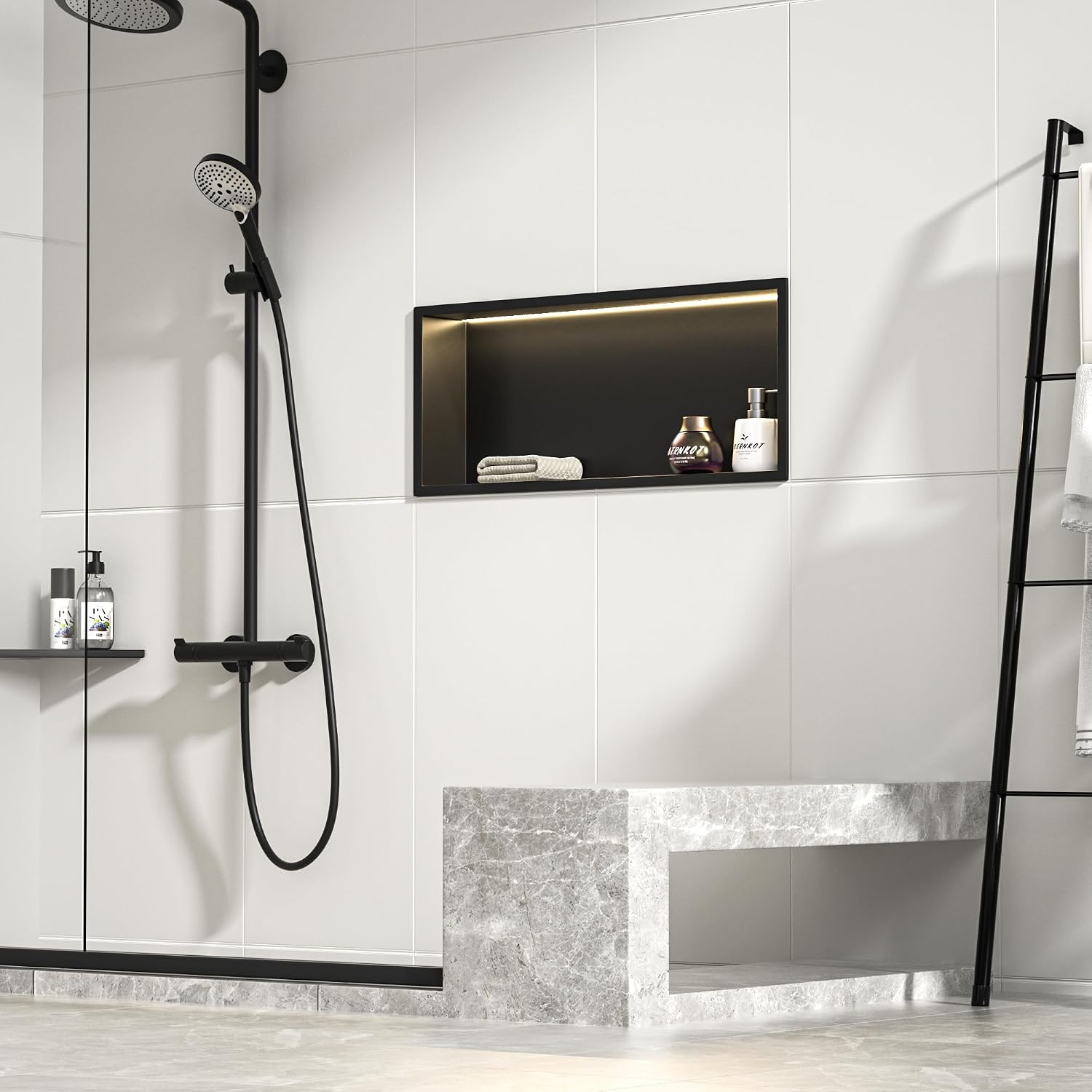 Stainless Steel Led Shower Niche Black 24' X 12' No Tile Needed | Recessed shower niche,IP66 waterproof,Led driver included,horizontal niche,non-dimmable,3000K warm light,bathroom storage