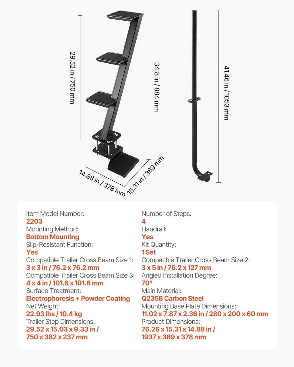 VEVOR Boat Trailer Steps, 4-Step, Heavy-Duty Boat Trailer Steps with Handle, Non-Slip Surface, 3 Mounting Angle Options, Carbon Steel Ladder Suitable for 3' x 3'/3' x 5'/4' x 4' Frame, Bottom Mounting