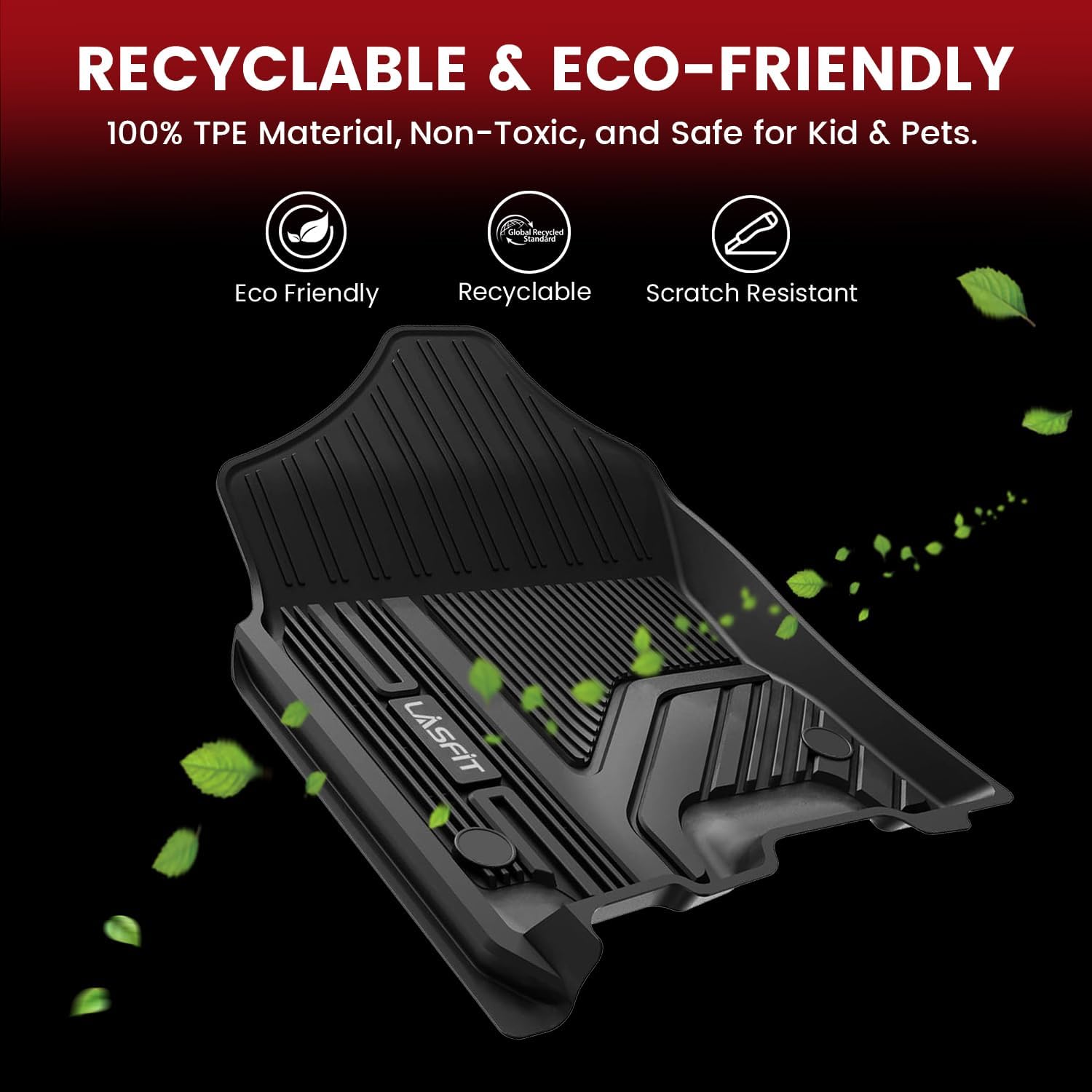LASFIT Floor Mats for Ram 1500 Crew Cab 2019-2024 Without Rear Under-Seat Factory Storage 4 Full Size Doors Bucket Seat (NOT for Classic Model), All Weather TPE Custom Fit 1st & 2nd Row, Black