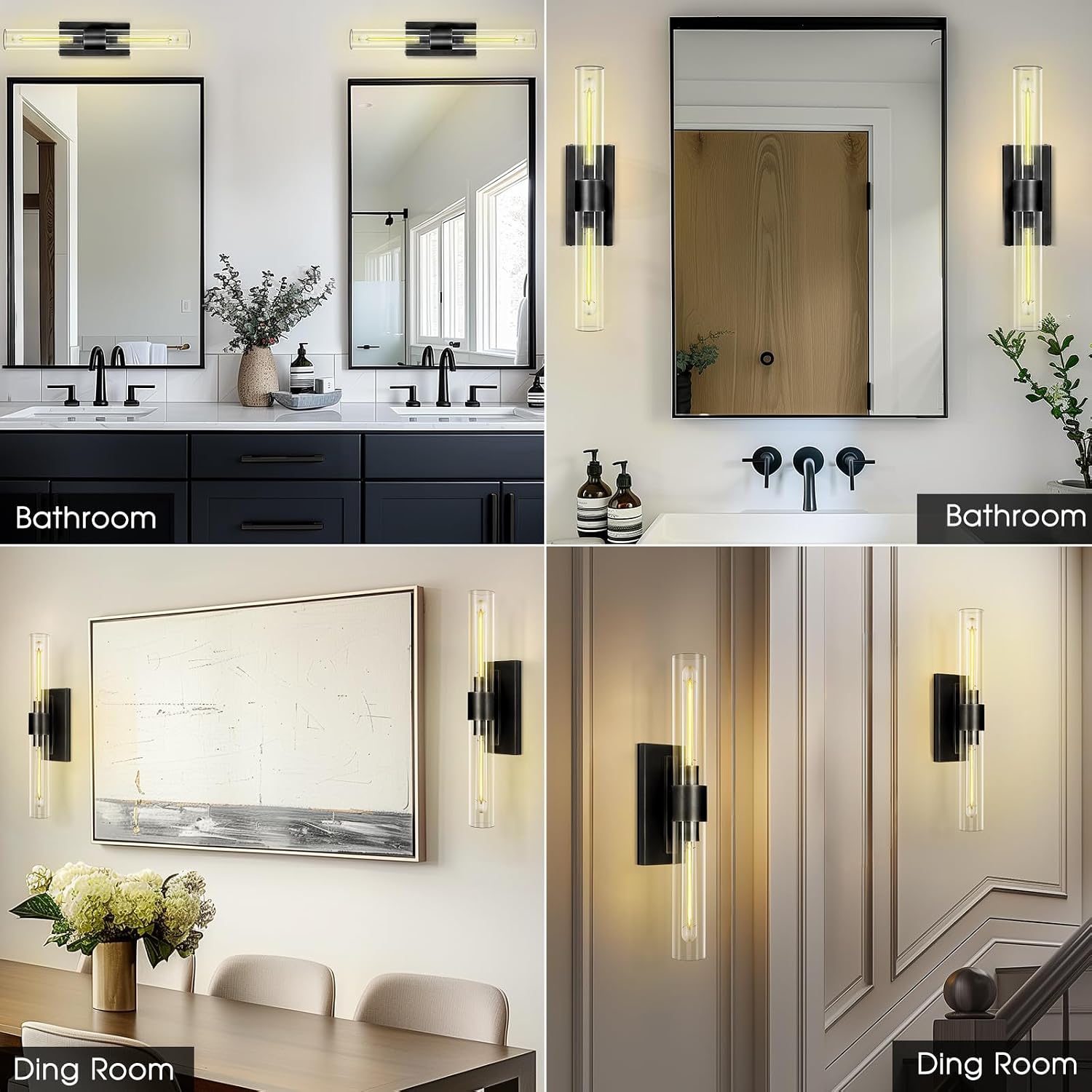 Bathroom Black Vanity Wall Sconces, 2-Light Glass Tube Wall Sconces, 24' Sconces Wall Lighting, Horizontal or Vertical Linear Vanity Light,Bathroom Vanity Light,E26 Bulb Included