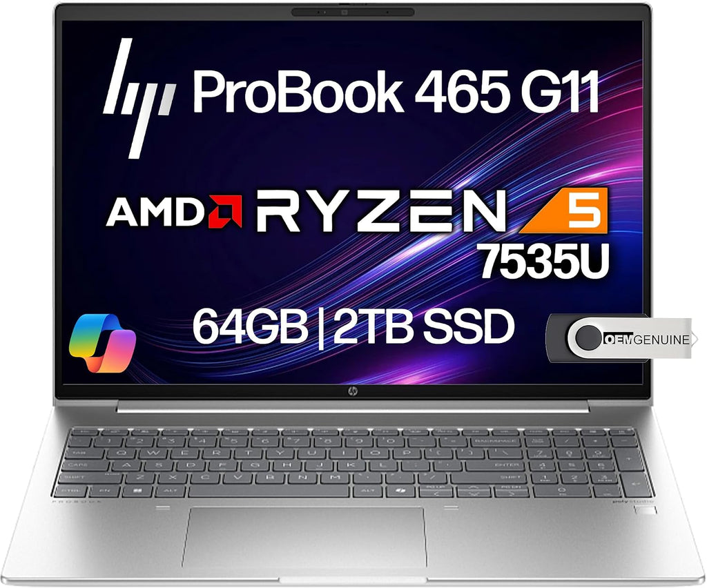 HP ProBook 465 460 G11 Business Laptop 16' FHD+ Display, AMD Ryzen 5 7535U, 64GB DDR5 RAM, 2TB NVMe, Wi-Fi 6E, RJ-45, Webcam, Backlit Keyboard, Win 11 Pro - Pike Silver Plastic