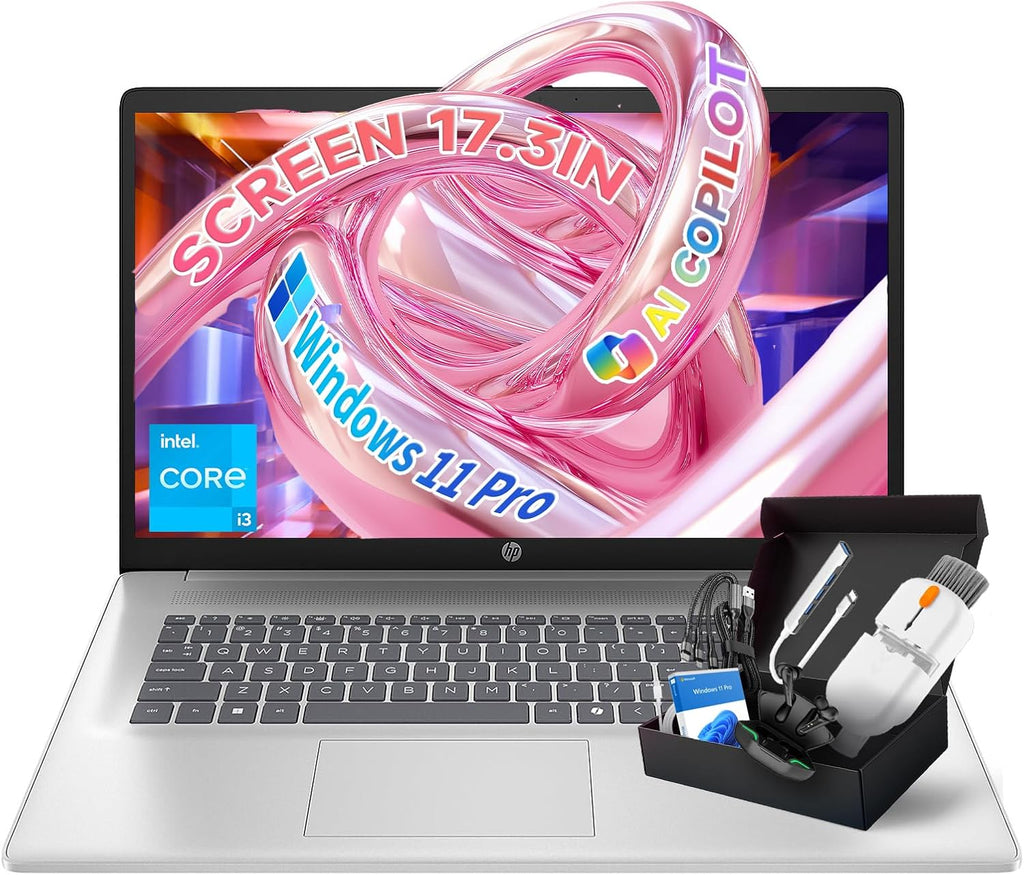 HP 2025 17.3″ FHD Laptop Computer, Intel 8-Core Processor, Windows 11 Pro, Copilot AI, Up to 9.5H Battery Life for Student & Business, Wi‑Fi 6, Bluetooth 5.4, with Accessories Kit (32GB RAM | 1TB SSD)
