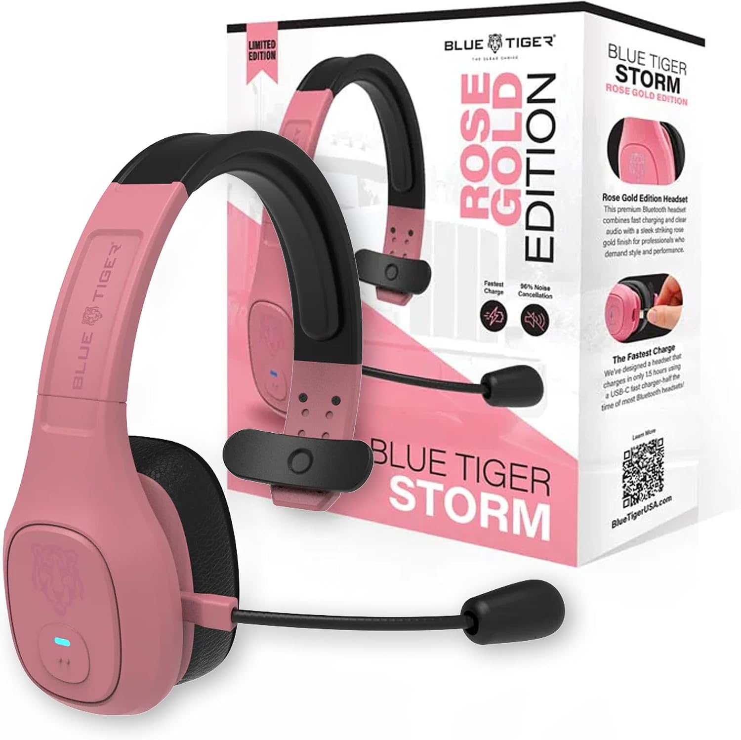 Blue Tiger Storm Rose Gold - Premium Trucker Bluetooth Headset-Wireless Noise Canceling Mono Headset with Mic -High-Fidelity Sound, 30-Hour Talk Time, USB-C Charging - For Truck Drivers, Bluetooth 5.0