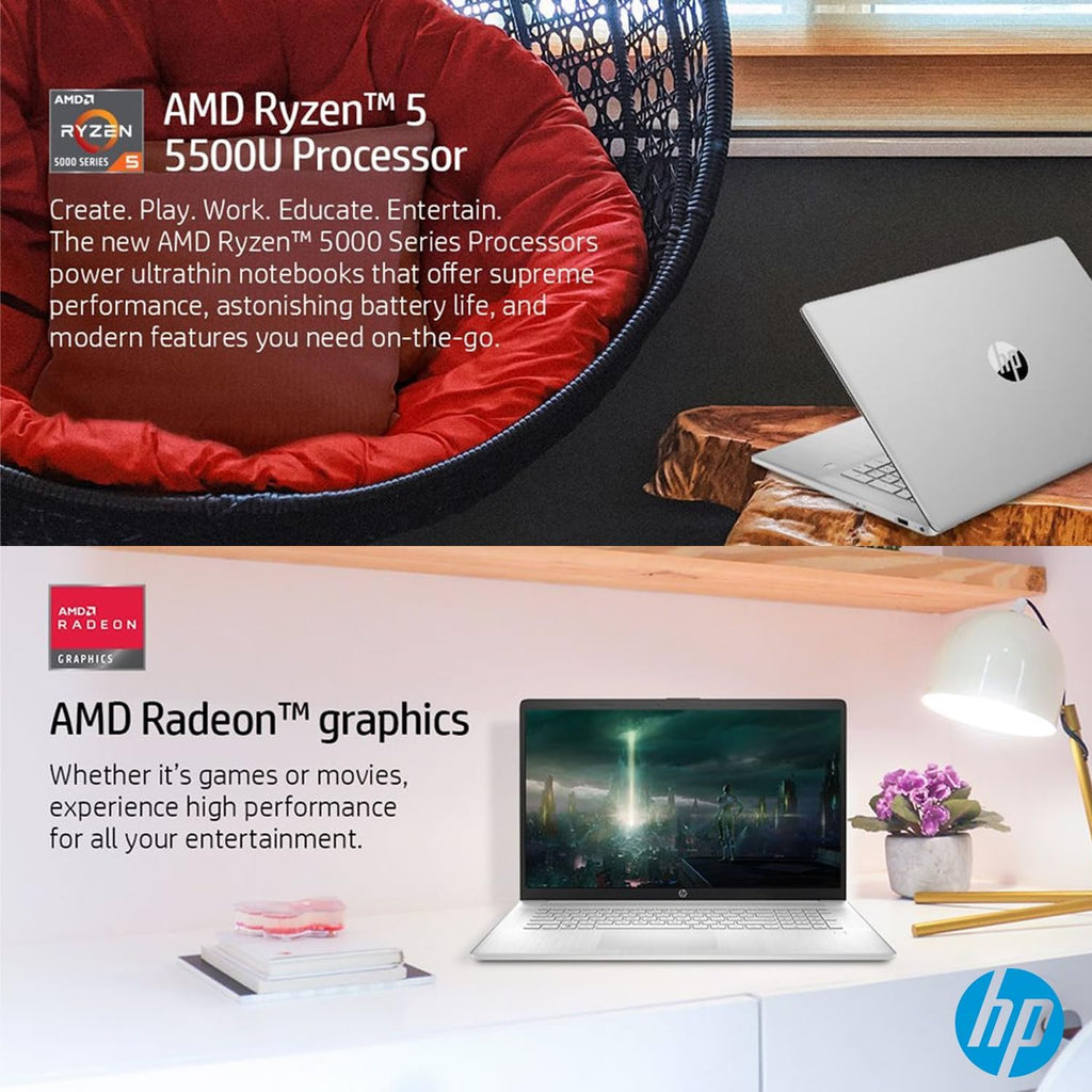 HP 2024 New 17 inch Laptop, AMD Ryzen 5 5500U 6-Cores Processor(Beat i7-1250U), 17' FHD (1080p) IPS Display, 32GB RAM, 1TB SSD, Fingerprint Reader, Windows 11 Pro, w/WOWPC Recovery USB