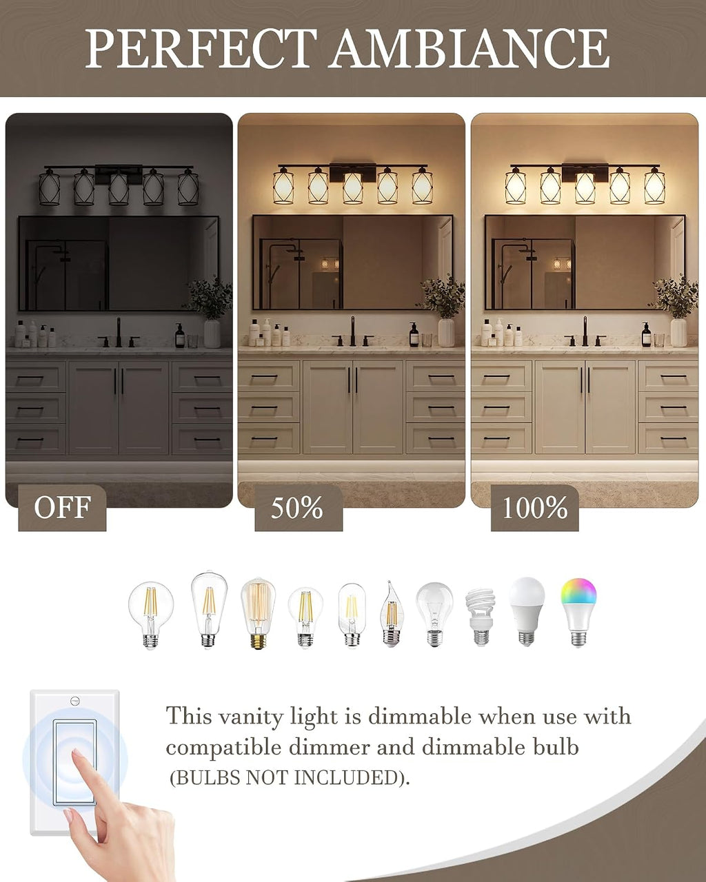 5-Light Matte Black Bathroom Light Fixtures Over Mirror, 38' UL-Listed Modern Farmhouse Wall Sconce Lights with Milk White Frosted Glass and Metal Cage for Bath, E26, CH9176BKW-5W