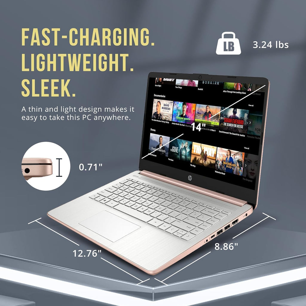 HP 14 Inch Chromebook with ChromeOS Flex | 8GB RAM | 128GB Storage (64GB Onboard and 64GB External) | Intel Celeron | Designed Purely for School and Work | Game App Not Allowed | Pink | No Mouse