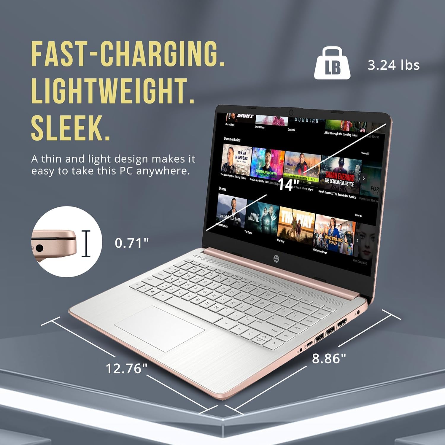 HP 14 Inch Chromebook with ChromeOS Flex | 8GB RAM | 128GB Storage (64GB Onboard and 64GB External) | Intel Celeron | Designed Purely for School and Work | Game App Not Allowed | Pink | No Mouse