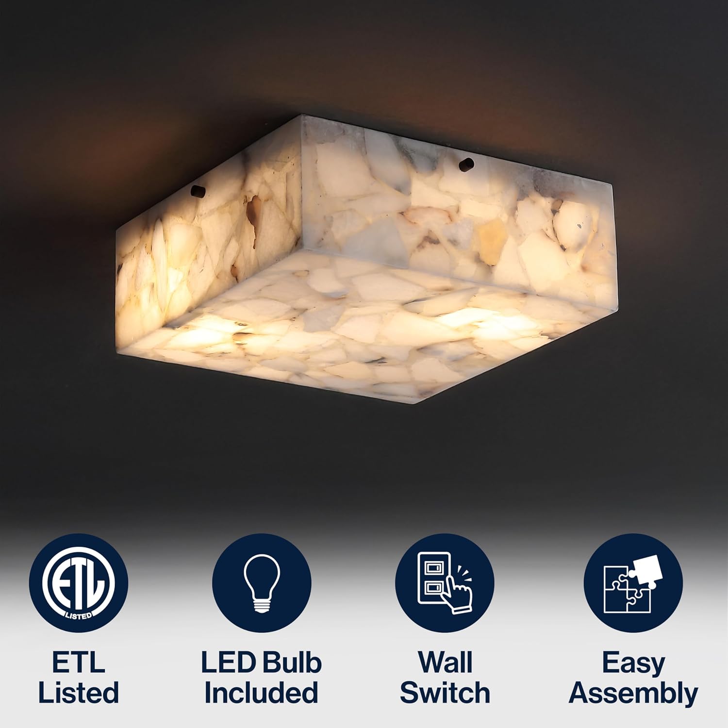 JONATHAN Y 13' White Marbling/Black Square LED Flush Mount Ceiling Light, Modern Decor, White Marble Alabaster Shade, 2-Light Fixture for Bedroom, Hallway, Bathroom, Glam Lighting (JYL1201B)