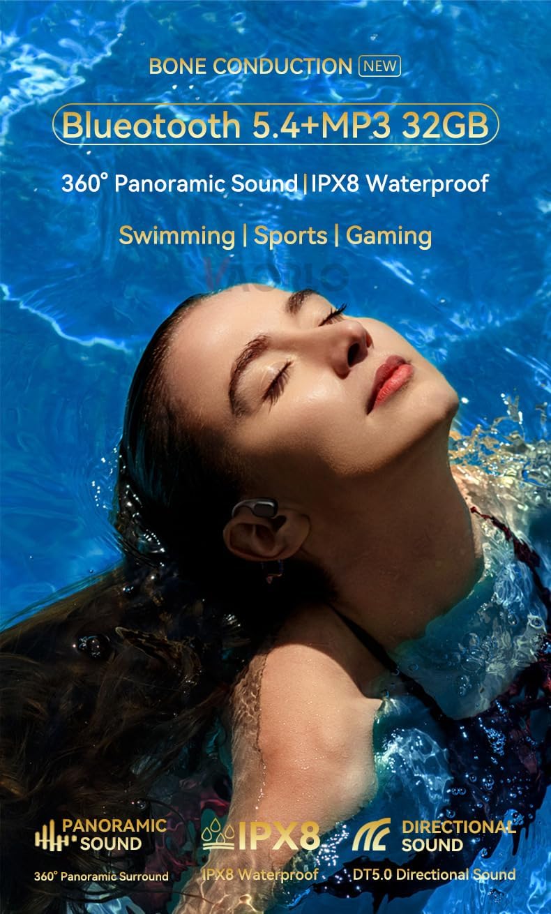 Open Ear Headphones IPX8 Waterproof Swimming Headphones Bone Conduction Earbuds Built in 32GB Memory Wireless Bluetooth 5.4 with Mic,Single Battery Life 10H Sport Earphones for Running,Cycling,White