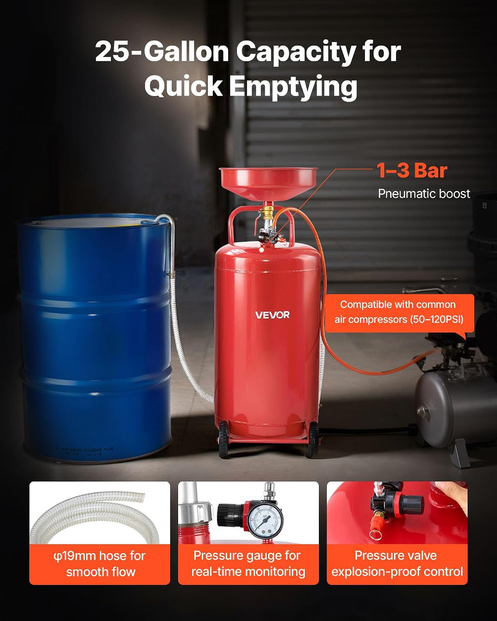 VEVOR 25 Gallon Waste Oil Drain Tank, Air Operated Portable Oil Drainer with Adjustable Funnel Height, Industrial Fluid Drain Tank with Wheels, Fluid Fuel Transfer Drainage for Auto Repair Shops, Red