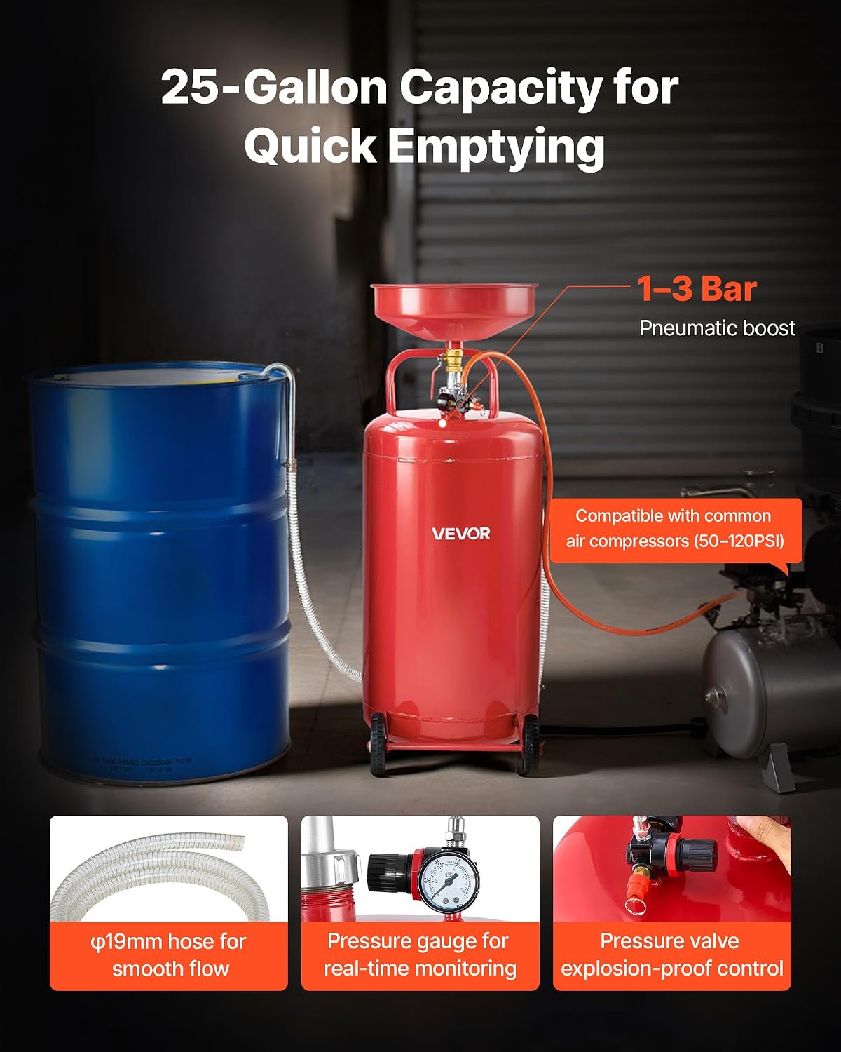 VEVOR 25 Gallon Waste Oil Drain Tank, Air Operated Portable Oil Drainer with Adjustable Funnel Height, Industrial Fluid Drain Tank with Wheels, Fluid Fuel Transfer Drainage for Auto Repair Shops, Red