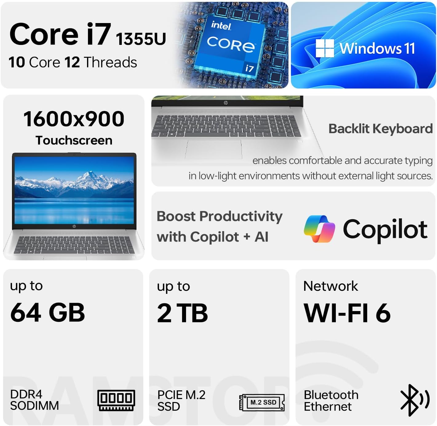 PCONLINE HP Essential 17 Laptop AI PC, 17.3' Touchscreen, Core i7-1355U (10 Cores, up to 5GHz Max Turbo), 32GB RAM, 1TB SSD, Backlit, FP Reader, Wi-Fi 6, Windows 11 Home, Silver