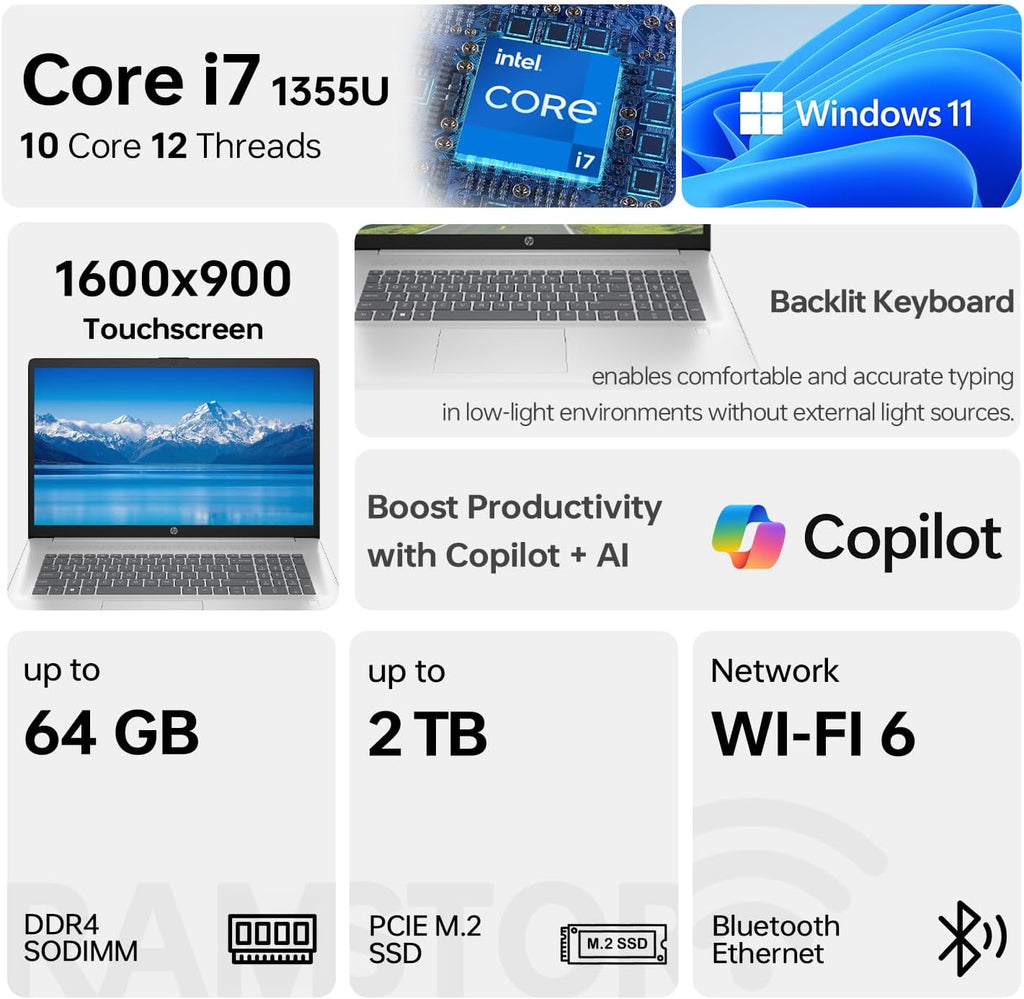 HP Essential 17 Laptop AI PC, 17.3' Touchscreen, Core i7-1355U (10 Cores, up to 5GHz Max Turbo), 16GB RAM, 1TB SSD, Backlit, FP Reader, Wi-Fi 6, Windows 11 Home, Silver, Bundle with PCO Laptop Cooler