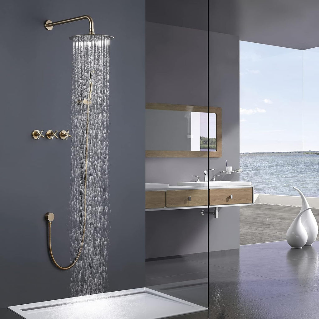 RBROHANT Gold Shower System Brass Shower Faucet Set, 10 Inch High Pressure Round Rain Shower Head with Handheld Spray, Wall Mounted, Rough-in Valve Included, Brushed Gold, RCS81010BG