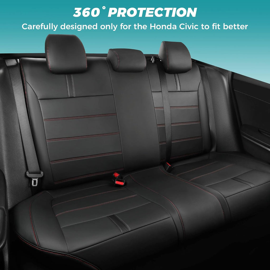 Seat Covers for Honda Civic Sedan LX 2016 2017 2018 2019 2020 2021, Faux Leather Car Seats Cover Full Set Waterproof, Black Red Line (Solid Rear Seatback - No Rear Armrest)
