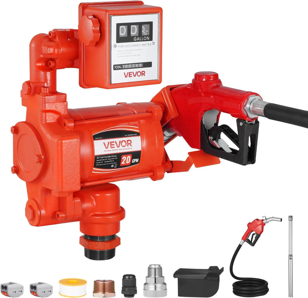 VEVOR Fuel Transfer Pump 110V, 20 GPM 76 L/min, AC Electric Oil Transfer Pump, with Meter, Auto Shut-Off Fuel Nozzle & Discharge Hose, High Flow for Gasoline, Diesel, Kerosene, Biodiesel, Ethanol