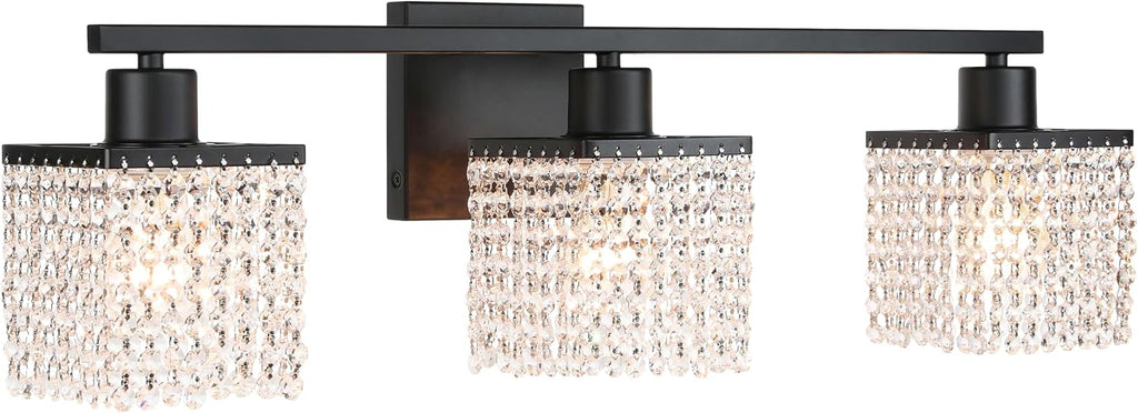 XiNBEi Lighting 3-Light Bathroom Vanity Light, Black Bathroom Light Fixtures Over Mirror with K9 Clear Crystal String Shade Modern Crystal Vanity Lights for Bathroom XB-W327-3-MB
