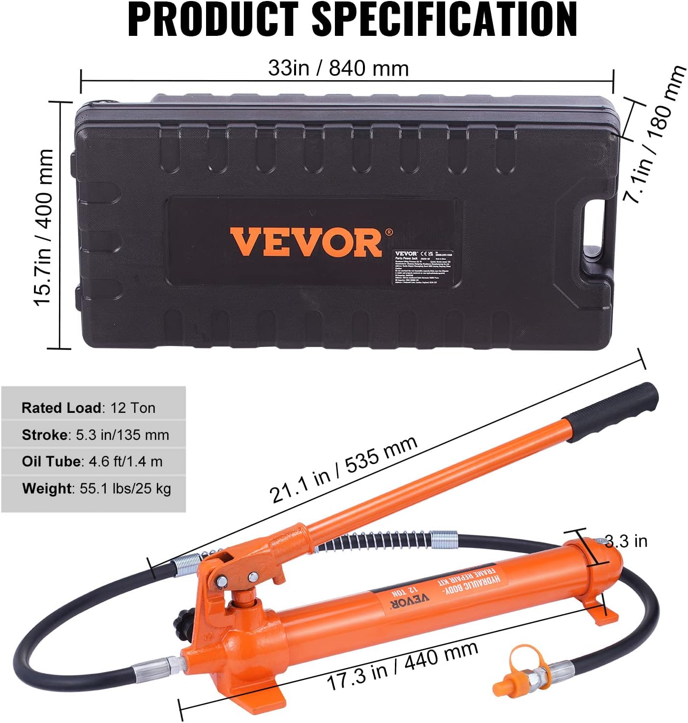 VEVOR 12 Ton Porta Power Kit, Hydraulic Ram with Pump with 4.6 ft/1.4 m Oil Hose, Portable Hydraulic Jack with Storage Case for Automotive, Garage, Farm, Mechanic (26455 LBS)