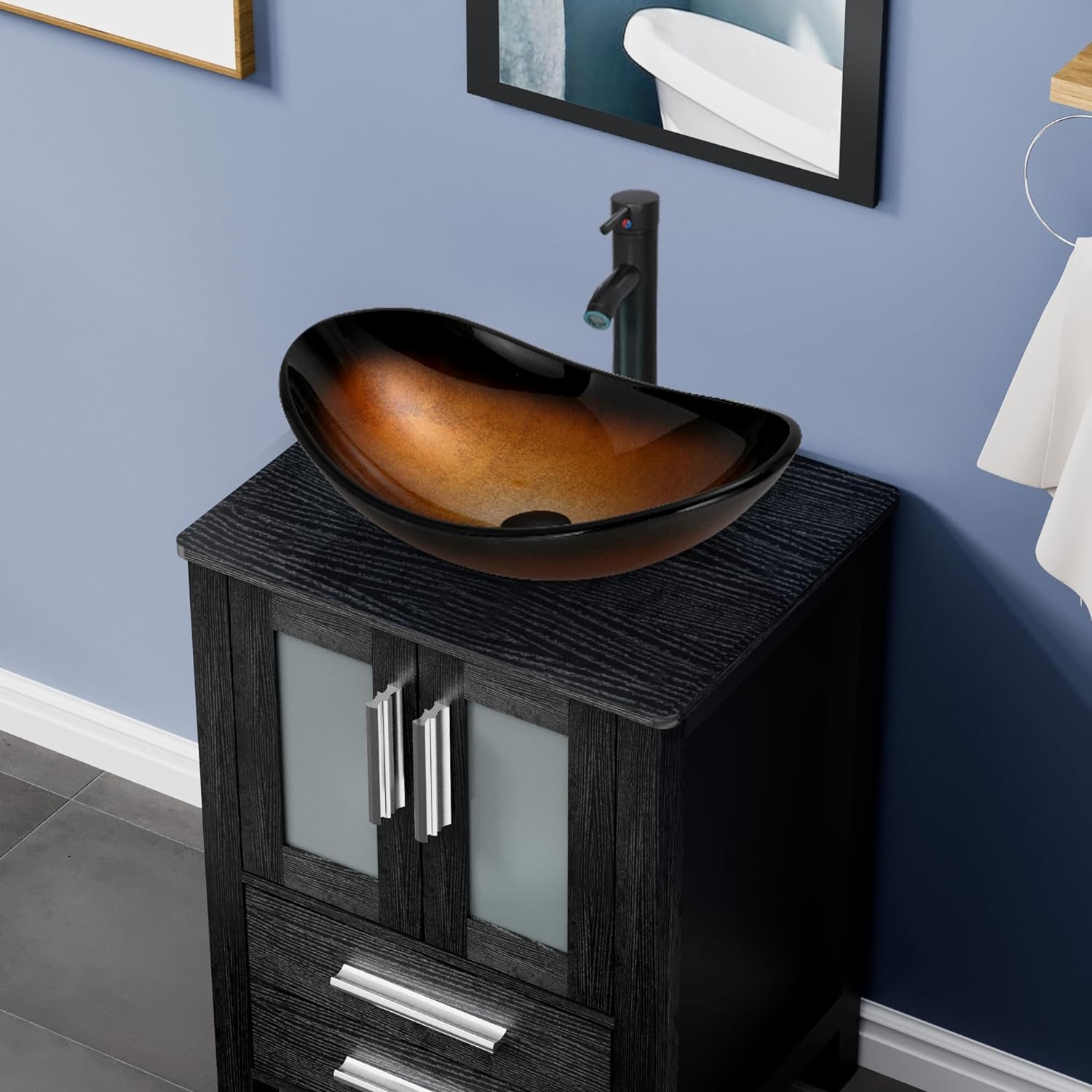 UEV 24' Black Bathroom Vanity with Vessel Sink,Modern Bathroom Vanity Cabinet, Faucet Sink Bowl,Pop Up Drain Included,Modern Brown Boat Tempered Glass Vessel Sink,Mirror Not Included(029BR-new)
