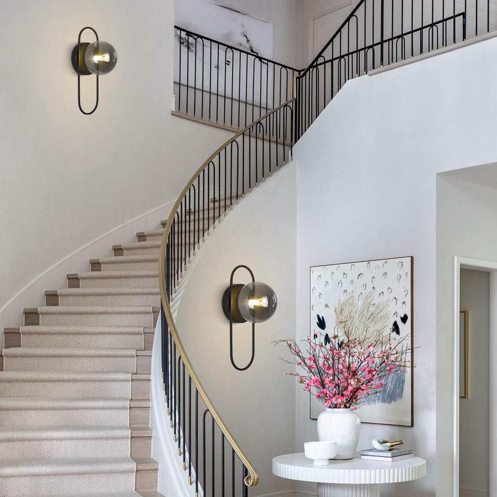 Black Globe Wall Sconce Mid Century Modern Bathroom Vanity Light Fixture Small Black and Glass Wall Mounted Light Vintage Hallway Sconces Wall Lighting (2 Pack)
