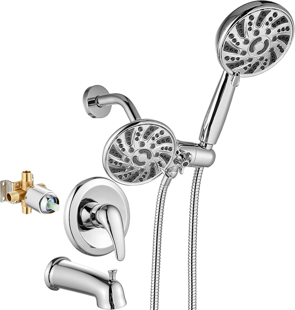 gotonovo Tub Shower Faucet Set Bathroom Shower Head Kit High Pressure Bathtub Shower Faucet 6 Modes ABS Handheld Spray Valve and Shower Trim Kit Shower Head and Handle Set Polished Chrome