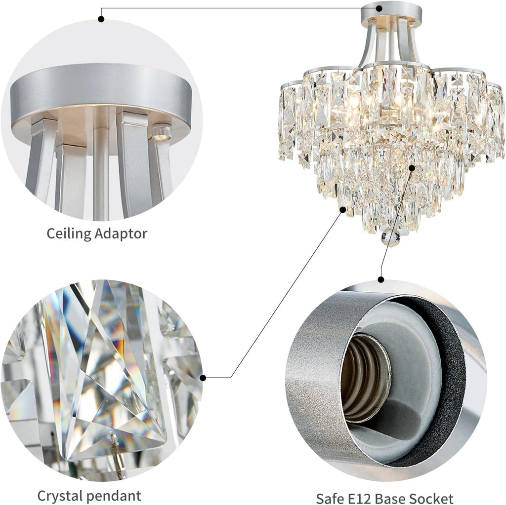 WUZUPS Crystal Chandelier Semi-Flushmount Ceiling Light Modern Lighting Fixture for Bedroom Hallway Entry Kitchen Bathroom, H 19.3' x W 18.3', E12 Base, Silver