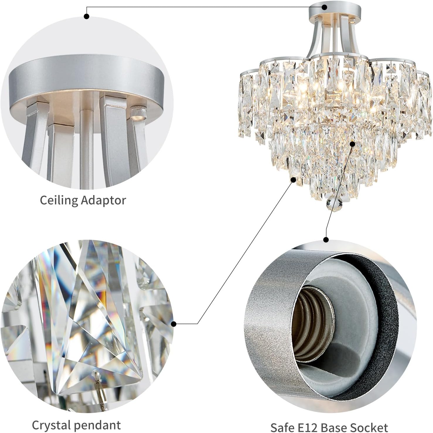 WUZUPS Crystal Chandelier Semi-Flushmount Ceiling Light Modern Lighting Fixture for Bedroom Hallway Entry Kitchen Bathroom, H 19.3' x W 18.3', E12 Base, Silver