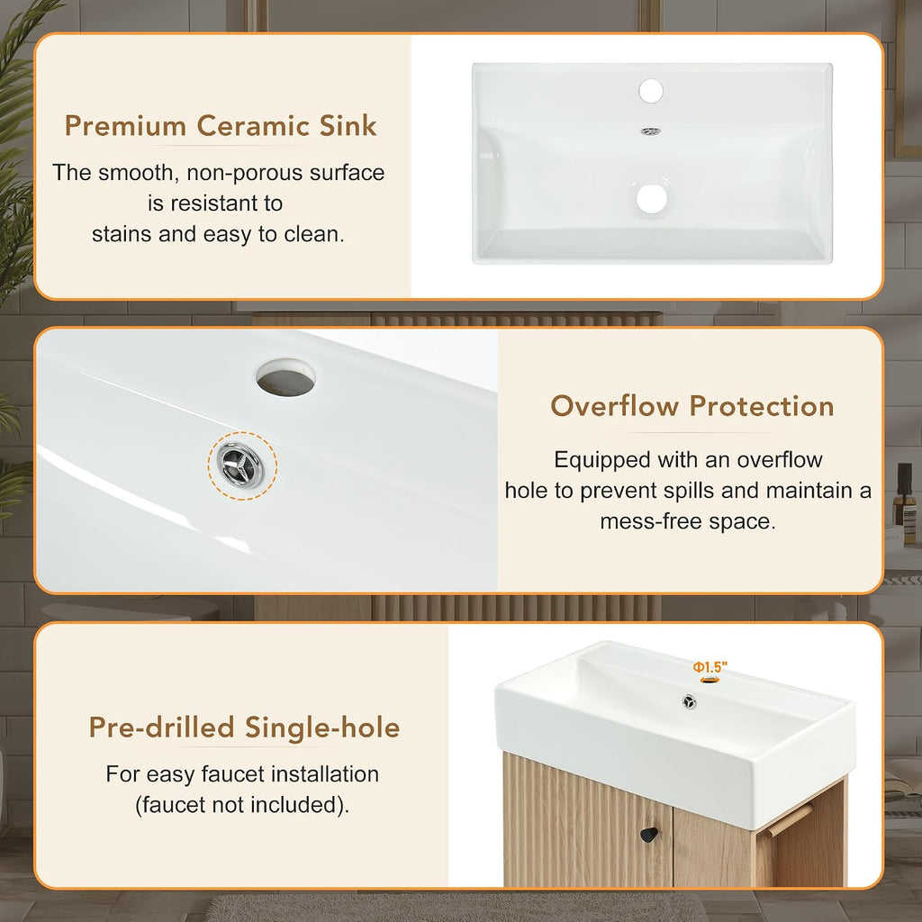 21.6-inch Bathroom Vanity with Reversible Sink, Free-Standing Single Storage Cabinet with One Left Door and Side Open Shelf, Vanity with Ceramic Basin for Bathroom (Wood)