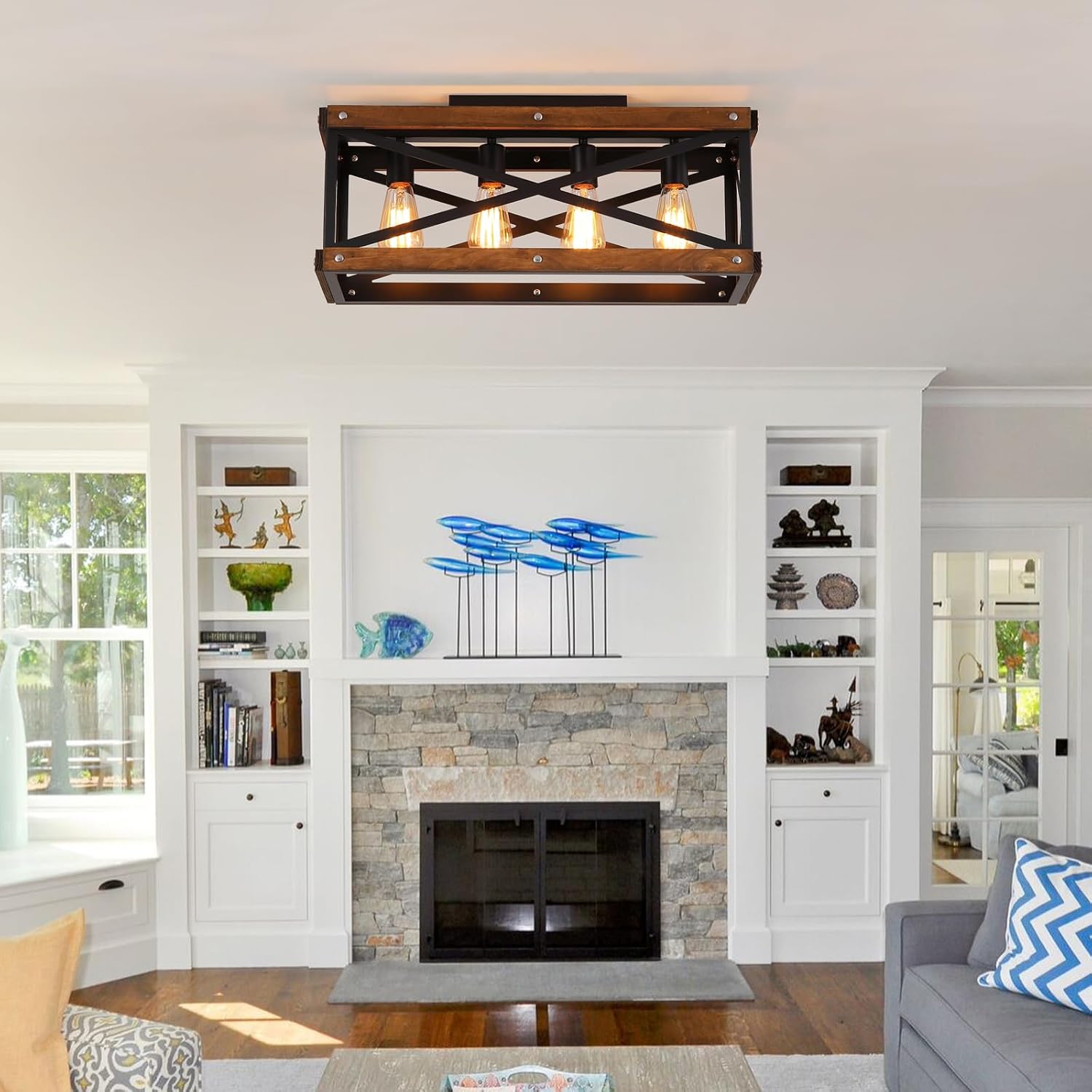 4-Light Large Rustic Farmhouse Wood Flush Mount Ceiling Light Fixture 23.6 inch Oak Wood and Metal Rectangular Track Semi Flush Mount Ceiling Light for Kitchen Living Room Bedroom Indoor, Black