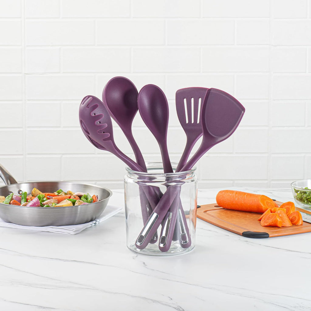 Restaurantware Silicone Utensil Set Pack of 10 Non-Slip Handle 6-Piece Kitchen Tool Set, Heat-Resistant Dishwasher-Friendly Cooking Accessories, Durable Purple Cooking Utensils