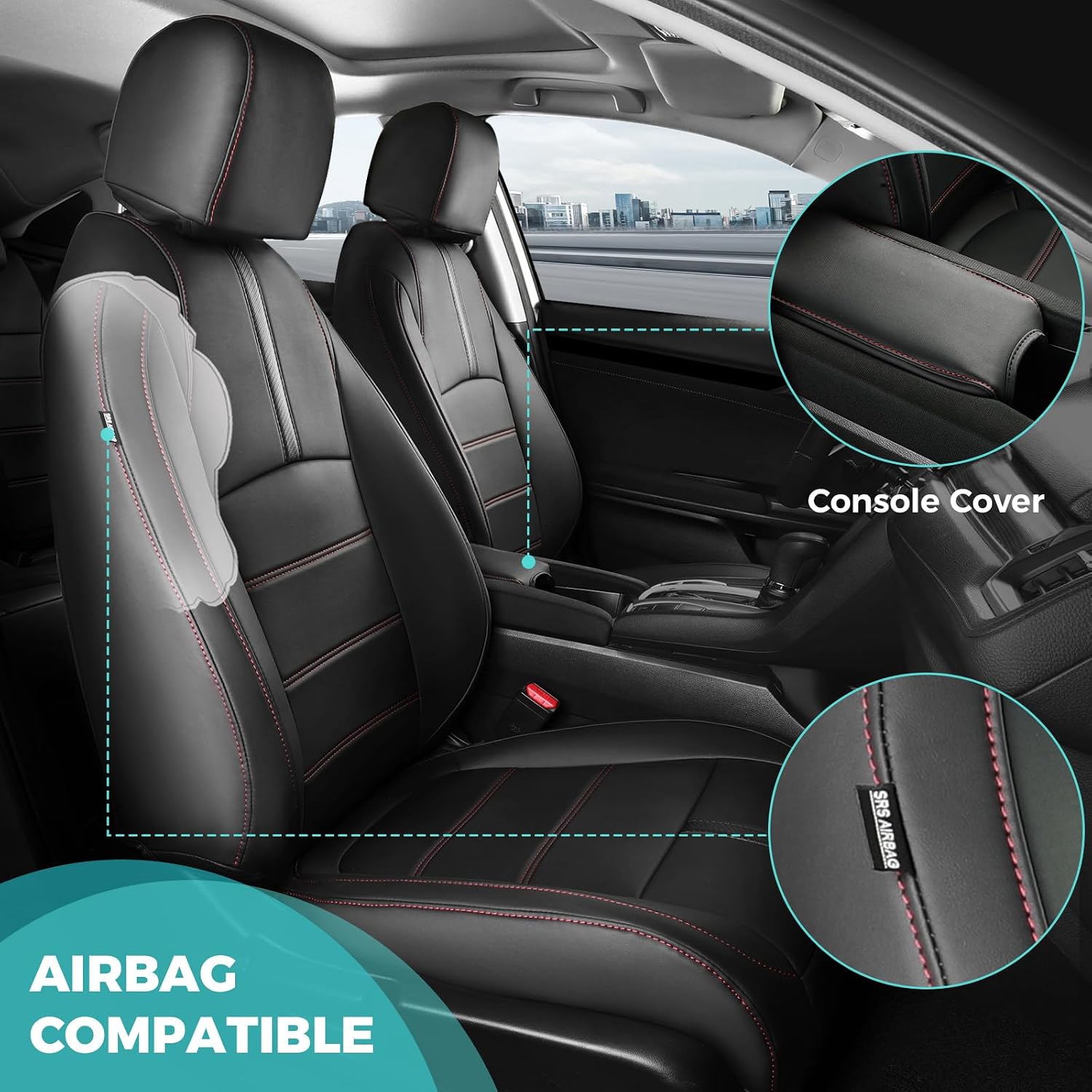 Seat Covers for Honda Civic Sedan EX-L, EX-T, EX, Touring, Sport 2016-2021, Faux Leather Car Seats Cover Full Set Waterproof Black Red Line (60/40 Split Seatback-with Rear Armrest)