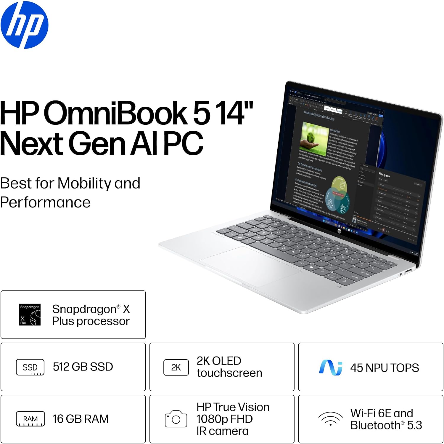 HP OmniBook 5 14 inch Next Gen AI PC, 2K Touchscreen, Snapdragon X Plus X1P- 42-100, 16 GB RAM, 512 GB SSD, Qualcomm Adreno GPU, Windows 11 Home, Copilot+ PC, Glacier Silver, 14-he0000nr