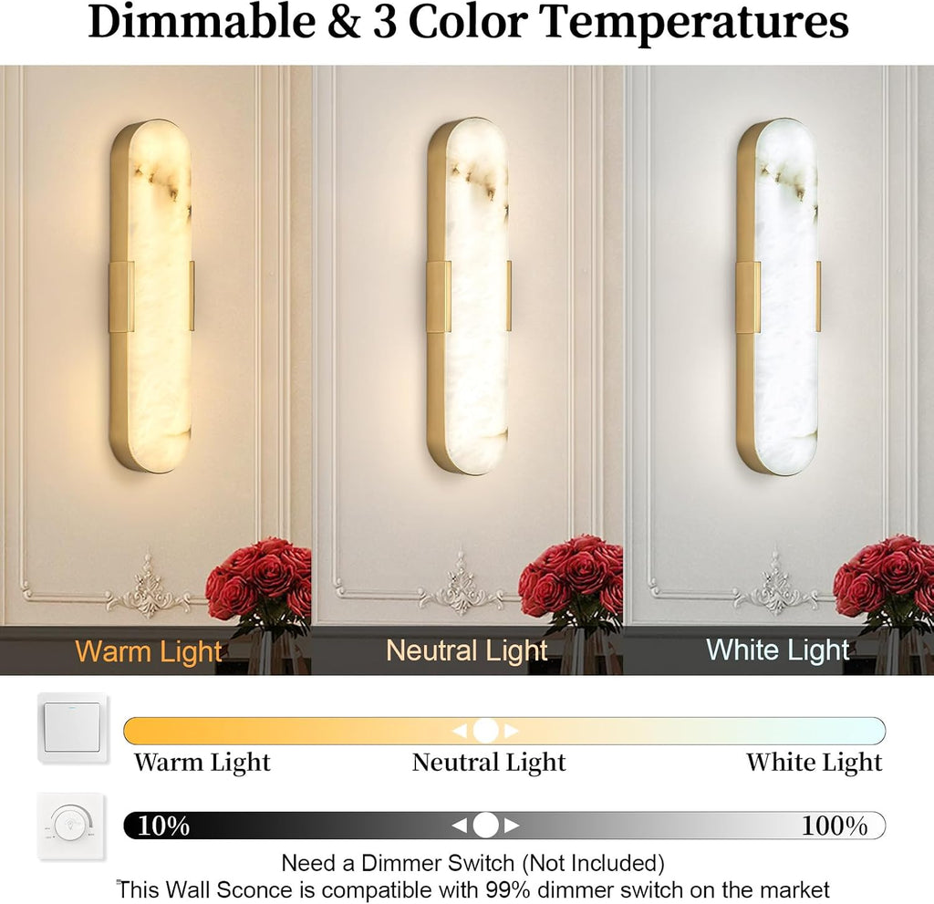 Gold Alabaster Wall Sconces Set of Two 20' Natural Marble LED Wall Lights, Mid Century Marble Wall Lamp Bathroom Vanity Indoor Alabaster Wall Lighting Fixtures for Bedroom Hallway Stairs