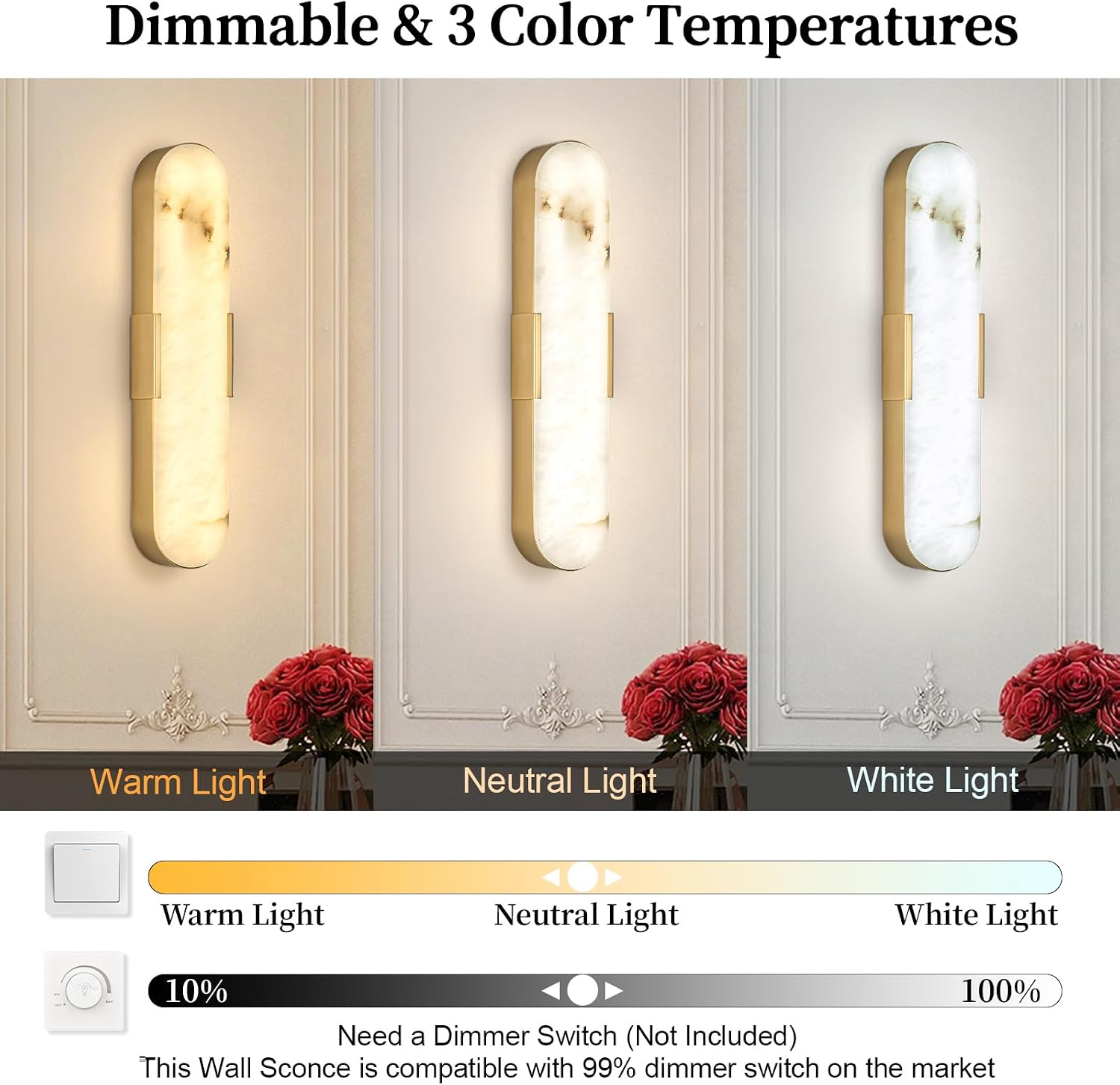 Gold Alabaster Wall Sconces Set of Two 20' Natural Marble LED Wall Lights, Mid Century Marble Wall Lamp Bathroom Vanity Indoor Alabaster Wall Lighting Fixtures for Bedroom Hallway Stairs
