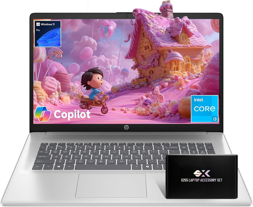 HP 2026 17.3' Laptop, Intel Core i3-N305, Lifetime Windows 11 Pro, Copilot AI, Up to 9.5H Battery Life for Student & Business, Wi‑Fi 6, BT 5.4, with G255 Pro Accessories Kit (16GB RAM | 512GB SSD)