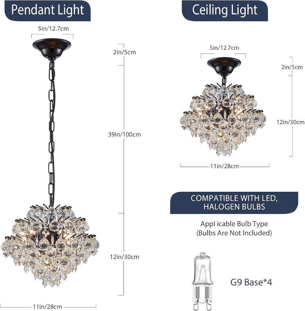 Bestier Black Modern Pendant Chandelier Crystal Raindrop Lighting Ceiling Light Fixture Lamp for Dining Room Bathroom Bedroom Livingroom 4 G9 Bulbs Required D11 in x H12 in