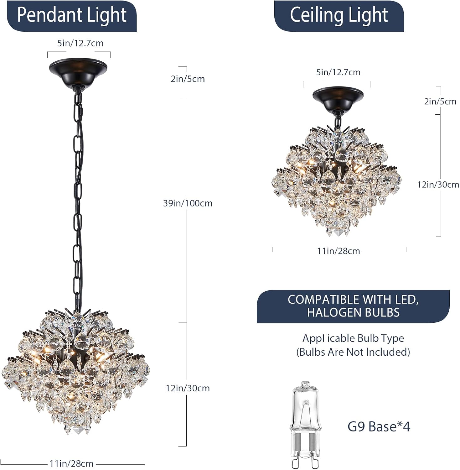 Bestier Black Modern Pendant Chandelier Crystal Raindrop Lighting Ceiling Light Fixture Lamp for Dining Room Bathroom Bedroom Livingroom 4 G9 Bulbs Required D11 in x H12 in