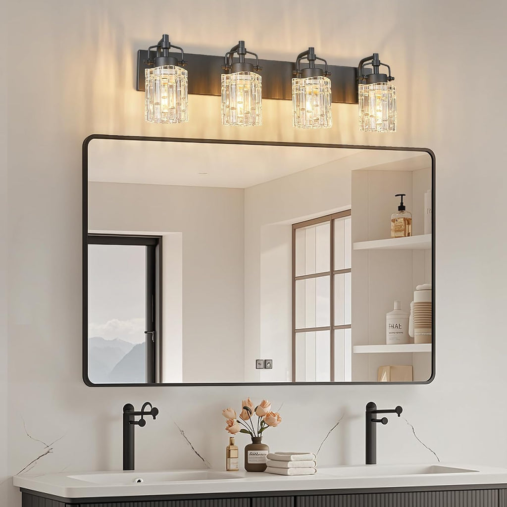 4 Light Crystal Glass Vanity Light, Black Bathroom Lighting Fixtures Over Mirror Modern Bath Wall Sconce Lighting for Bedroom Living Room