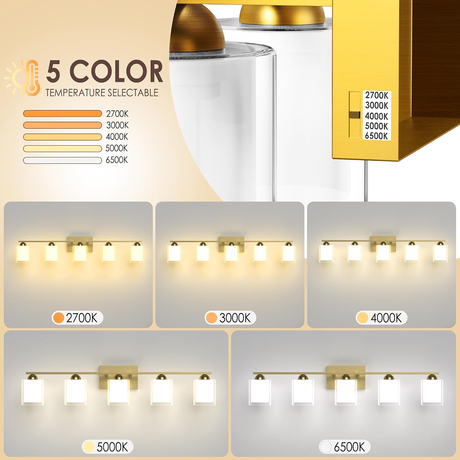 Quntis Gold Bathroom Light Fixtures, 5 Light Modern Vanity Lights Over Mirror, 5 Colors & Stepless Dimmable LED Bathroom Lighting with Milk White Frosted Glass, 33 Inch (Bulbs Included)