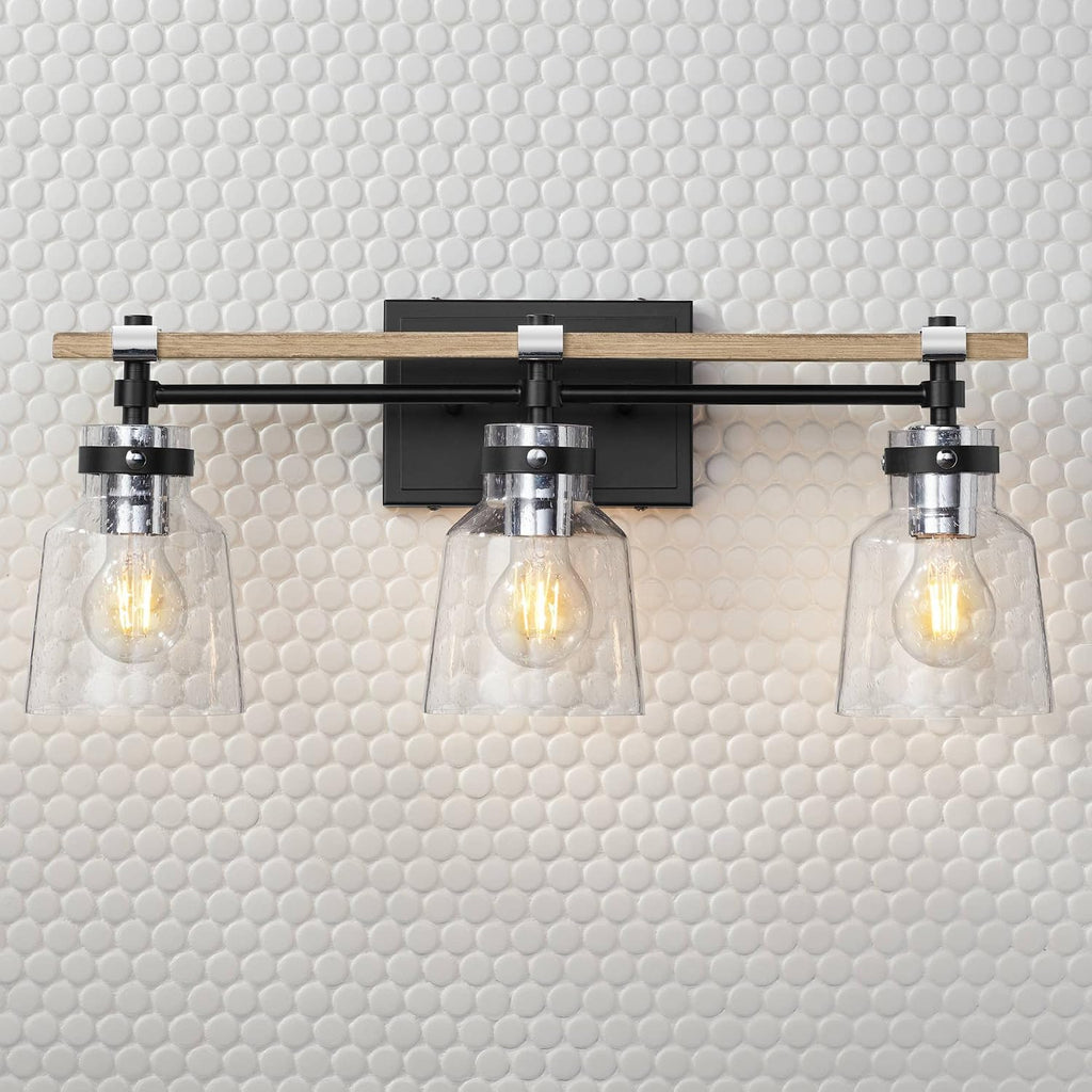Possini Euro Design Broadway Modern Industrial Wall Light Black Painted Faux Wood Hardwired 23' 3-Light Fixture Clear Seedy Glass Shade for Cottage Core Bedroom Bedside Bathroom Vanity Living Room