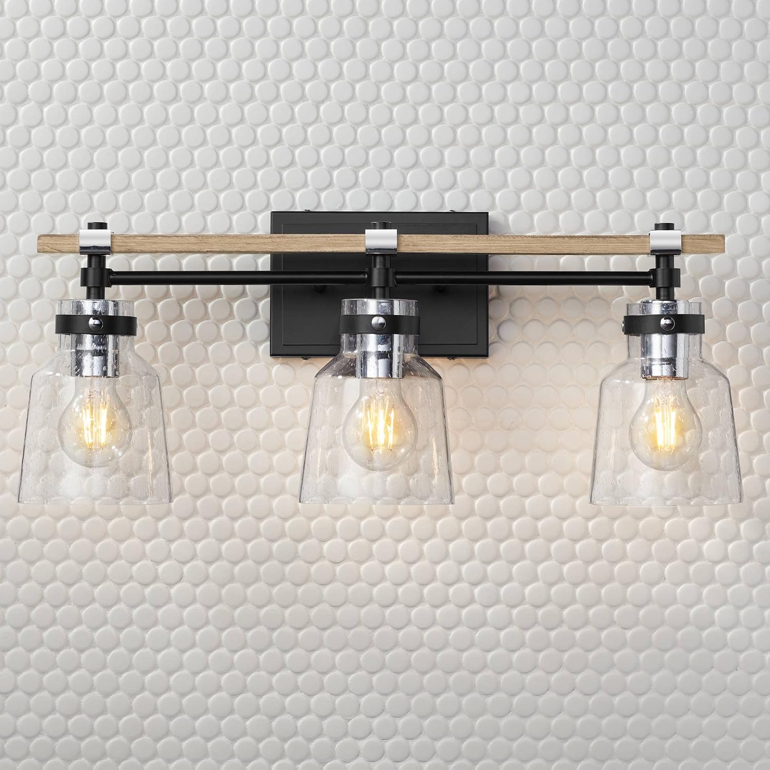 Possini Euro Design Broadway Modern Industrial Wall Light Black Painted Faux Wood Hardwired 23' 3-Light Fixture Clear Seedy Glass Shade for Cottage Core Bedroom Bedside Bathroom Vanity Living Room