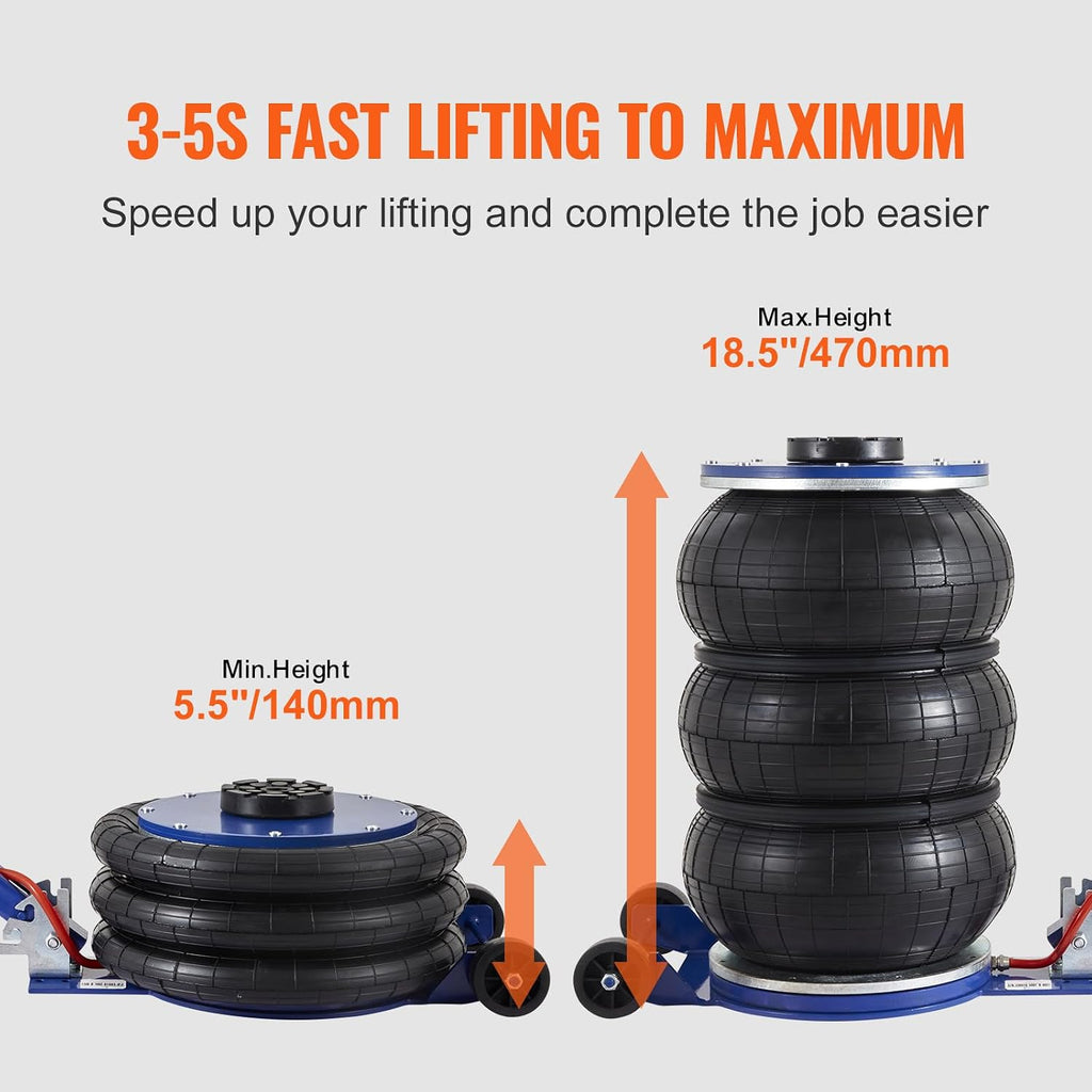VEVOR Triple Bag Air Jack, 5 Ton/11000 lbs | Six Steel Pipes, Lift up to 18.5 inch/470 mm, 3-5 s Fast Lifting, Adjustable Handle, For Car, Garage, Repair