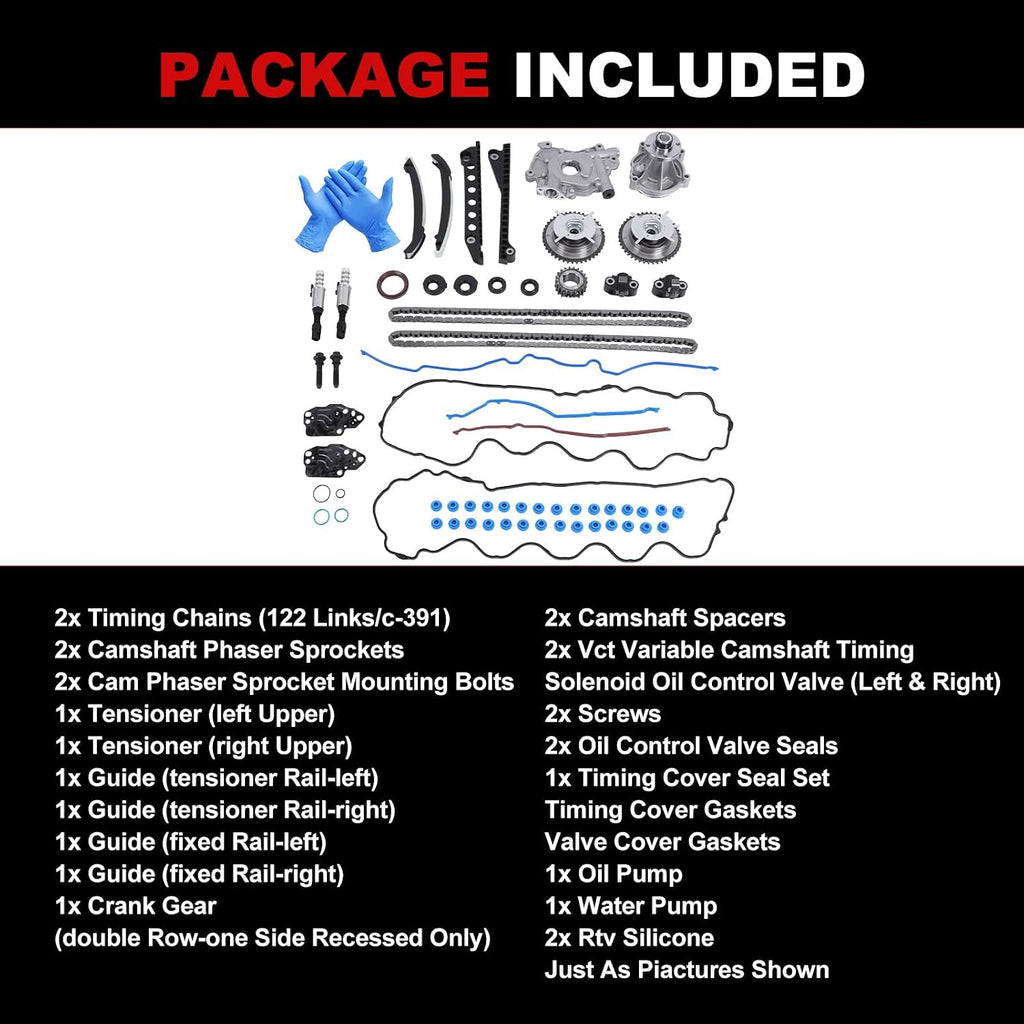 Engine Timing Chain Kit Oil Pump Water Pump Phasers VVTs 5.4L Fits for 2004-2008 F150 F250 F350 for 2005-2008 Navigator Mark LT Car Replacement Time Part Sets Replace 5L3Z-6268-A 3L3Z6M280EA