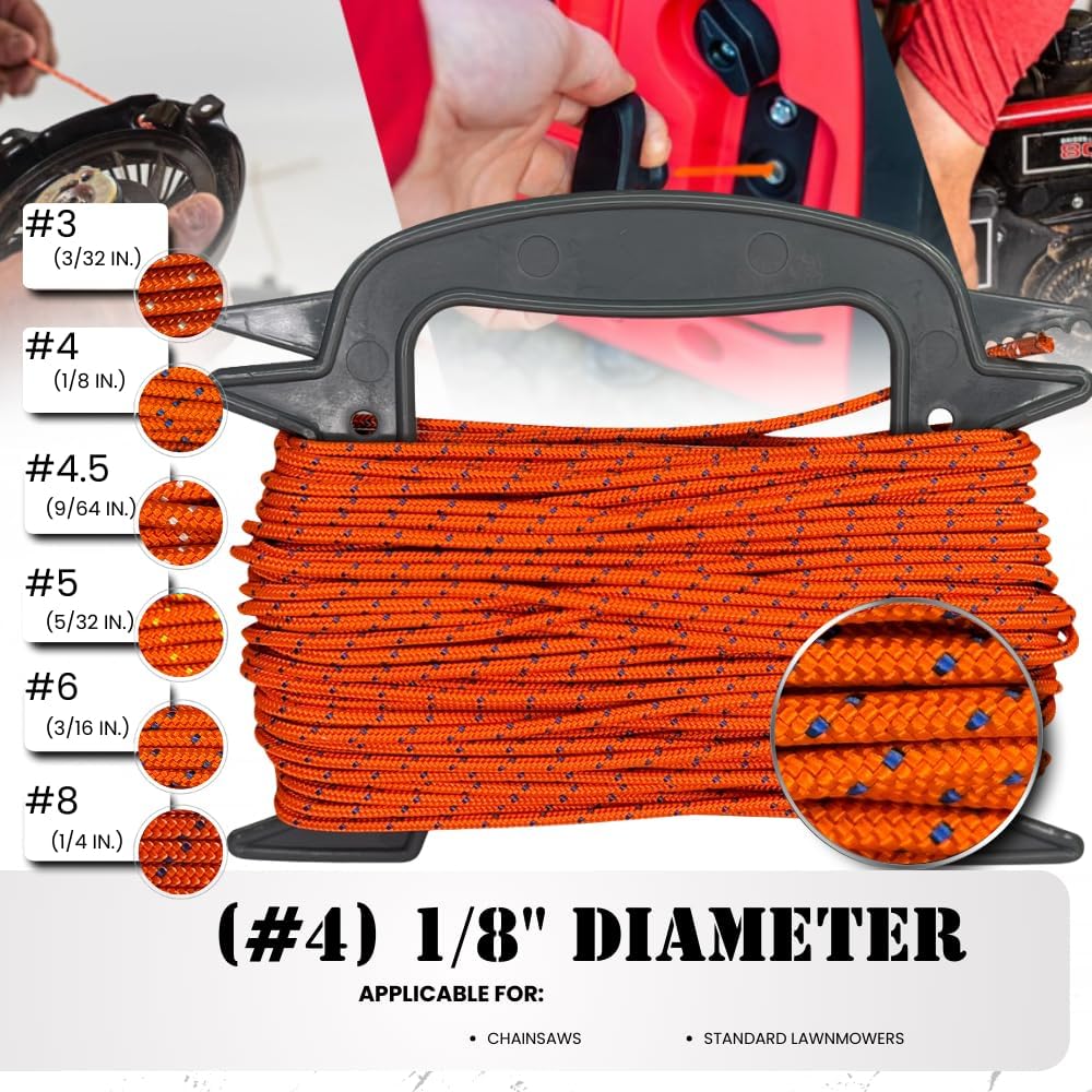 SGT KNOTS #4 Polyester Pull Cord - Small Engine Replacement Cord Rope for Lawn Mowers, Generators & More (1/8 in. x 1000ft) Orange with Blue Tracer