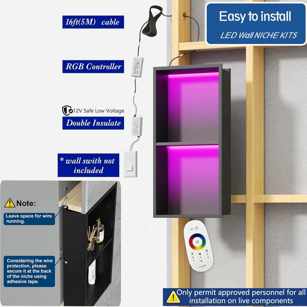 2-Tiers 12x24 Shower Niche, RGB LED Light Strips, Matte Black Wall Cabinet Shlef, Stainless Steel NO Tile Needed Recessed Wall Niche for Bathroom Storage Organizer