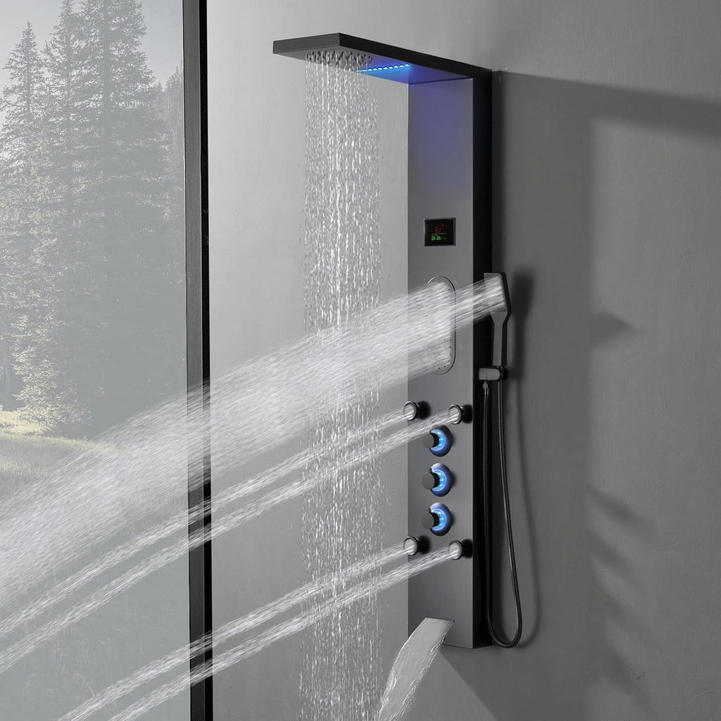 Black Shower Panel Tower System, LED Light Shower Tower with Large Area Body Jet Massage Shower Fixtures with LCD Temperature Display, Adjustable Body Jets Tub Spout Hand Shower, Black